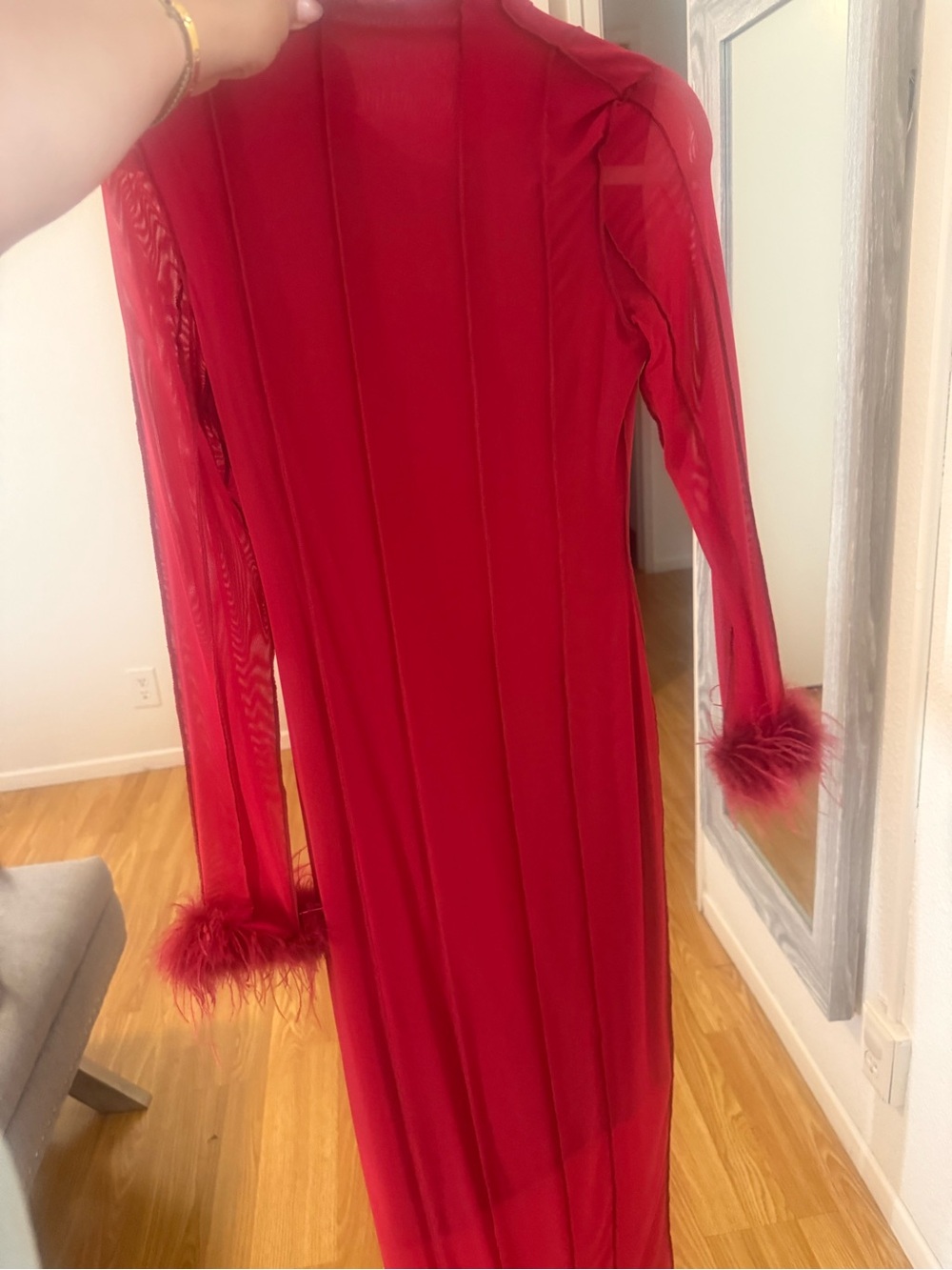 SHEIN Red Long Sleeve Feather Cuff Maxi Dress